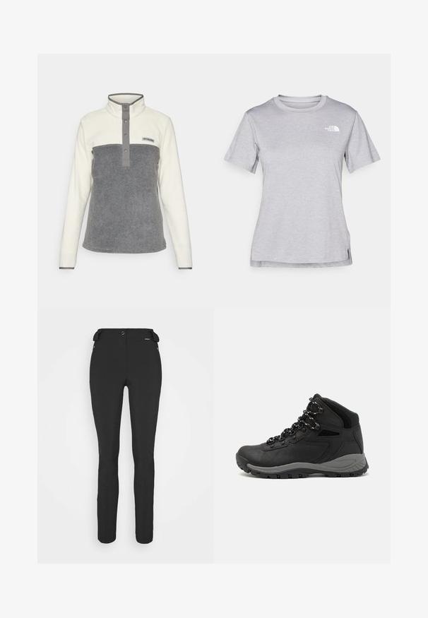 Fleecová mikina s bílou horní částí a šedým spodním panelem, s vysokým límcem, zapínáním na patentky a logem na hrudi.; Šedé tričko s krátkým rukávem vyrobené z měkké, vlhkosti odvádějící tkaniny. Obsahuje kulatý výstřih a malé bílé logo na levém horním rukávu.; Černé, přiléhavé kalhoty vyrobené z pružného materiálu. Mezi funkce patří boční kapsa na zip, anatomické kolena a hladký povrch.; Černé turistické boty s mírně vyšším střihem, které mají texturovaný svršek, šedé detaily a odolnou gumovou podrážku s trakčními výstupky.