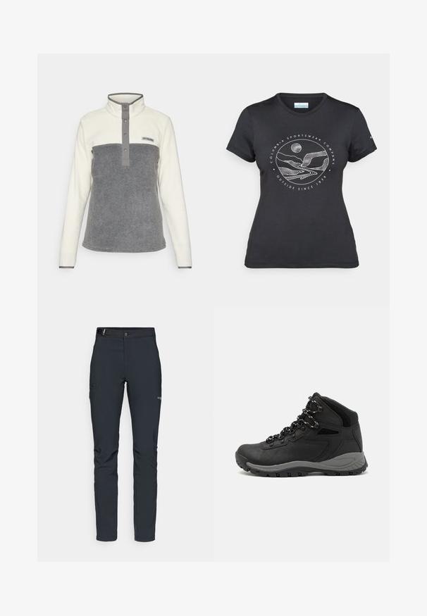 Pulover iz flisa z belim zgornjim delom in sivo spodnjo ploščo, ki ima visok ovratnik, zapiranje na gumbke in logo na prsih.; Črna majica Columbia z belim krožnim risanjem gora in reke ter napisom "Columbia Sportswear Company Outside Since 1938."; Moške zunanje hlače, temno siva, izdelane iz fleksibilnega materiala, z pasom, žepom na zadrgo in ojačanim šivanjem.; Črne pohodniške čevlje z srednje visokim dizajnom, ki imajo teksturirano zgornji del, sivi dodatki in vzdržljiv gumen podplat s protizdrsnimi izboklinami.