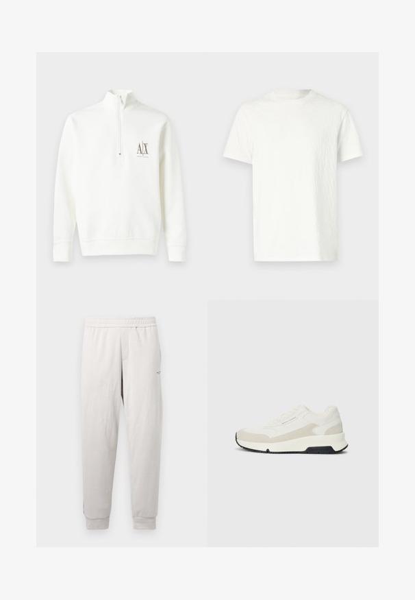 Hvit sweatshirt med glidelås i halsen laget av myk stoff. Har en liten logo på venstre bryst i brun og ribbestrikket kant og mansjetter.; Hvit t-skjorte med kort erme og en lett teksturert overflate, samt rund hals. Ingen synlige mønstre eller detaljer i hardware.; Lys grå joggebukser med elastisk midjebånd, sidelommer, ribbestrikkede mansjetter og subtil merking på benet, laget av myk stoff.; Hvit og beige lavsnøring sneaker med snøring foran, svart såle, og "Armani Exchange" merking på siden og sålen.