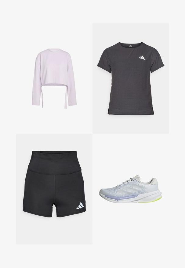 Ljuslila kort sweatshirt med långa ärmar, rundad halsringning och sidofästen. Mjuk textur, slätt tyg och minimalistisk design.; Kortärmad atletisk t-shirt, mörkgrå med perforerad textur. Har en vit logotyp och kontrasterande sidostripes. Rundad halsringning.; adidas Performance Tights - black; Vita idrottssko med ett andningsbart meshtöverdrag, texturerad design och lavendelaccent. Har en vadderad sula med gröna detaljer på yttersulan.