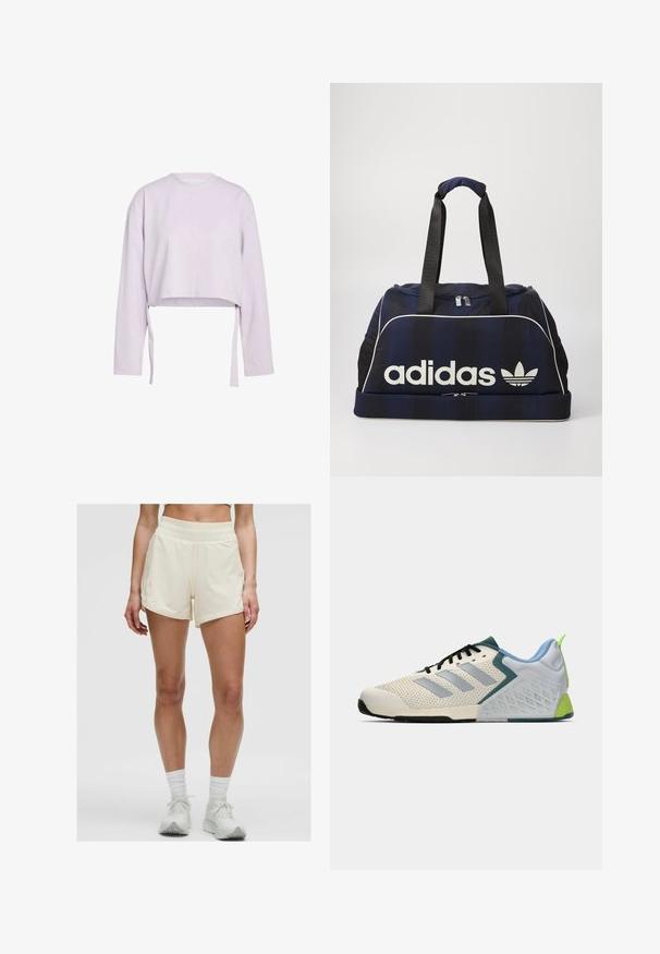 Vihreä purppura lyhyt hihainen collegepaita, jossa on pyöristetty pääntie ja sivusiteet. Pehmeä rakenne, sileä kangas ja minimalistinen muotoilu.; Kermansävyiset urheilushortsit, joissa on joustava vyötärö ja sivutaskut. Kangas näyttää sileältä ja kevyeltä, sopii aktiiviseen käyttöön.; Kevyet urheilukengät, joissa on kermaisen värinen verkkopinta, harmaat raidat, vihreä yksityiskohta ja texturoitu sininen kantapää. Mustat nauhat.; Laukkukassi, sininen duffel-pussi, jossa on valkoinen Adidas-logo, varustettu vetoketjulla, kahdella tukevalla mustalla kahvalla ja sivuilla olevilla verkko-taskuilla. Sujuva kankaan rakenne.