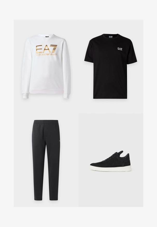 Balta medvilninė palaidinė su ilgomis rankovėmis ir apvaliu iškirpimu. Priekyje yra metalizuotas auksinės spalvos logotipas "EA7 EMPORIO ARMANI".; Juodas medvilninis marškinėliai su trumpomis rankovėmis, apvaliu kaklu ir mažu baltu EA7 logotipu kairėje krūtinės pusėje. Lygi tekstūra, įprasta forma.; Juodos sportinės kelnės, pagamintos iš minkštos medžiagos, su elastinga juosmeniu, tiesiomis kojomis ir nedideliu logotipo akcentu šone.; Juodų suede sportbačių su balta gumine padu, su toniniais siuvinėjimais ir raištelių užsegimu. Sklandus paviršius su šiuolaikine, laiko forma.