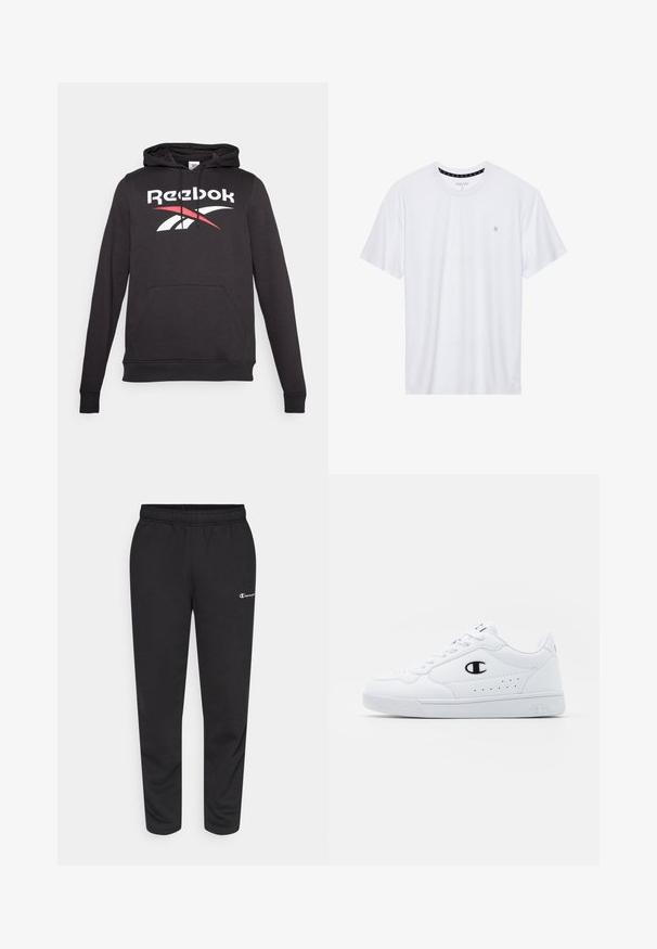 Schwarzer Hoodie aus Baumwollmischung mit einer Kängurutasche vorne, verstellbarem Kapuzenzug und einem großen weißen und roten Reebok-Logo auf der Brust.; Weißes Crewneck-T-Shirt aus Baumwolle, mit kurzen Ärmeln und einem kleinen, auf der linken Brustseite gestickten Logo. Weiche Textur.; Schwarze Sweatpants aus Baumwollmischung, mit elastischem Bund und einem kleinen weißen Logo auf der linken Seite. Schmal zulaufendes Bein.; Weißes sportliches Sneakerpaar mit glattem, synthetischen Obermaterial, schwarzem Logo-Akzent und perforierten Details an der Seite. Gummisohle.