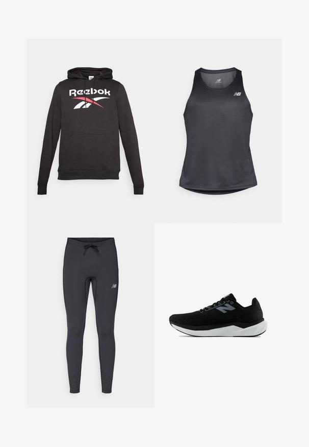 Črna kapuca iz mešanice bombaža ima sprednji žep za roke, kapuco s vrvico in velik bel ter rdeč Reebok logotip na prsih.; Črna atletska majica brez rokavov iz tkanine, ki odvaja vlago, z okroglim ovratnikom in subtilno rebrasto teksturo, z belim logotipom na prsih.; Črne športne legice iz elastičnega materiala. Imajo pas z vrvico in majhen odsevni logotip na sprednjem desnem stegnu.; Črni atletski čevelj z zgornjim delom iz vzorčaste mrežice, belim srednjim podplatom in črnim podplatom. Ima črne vezalke in subtilen logotip v svetlo sivi barvi.