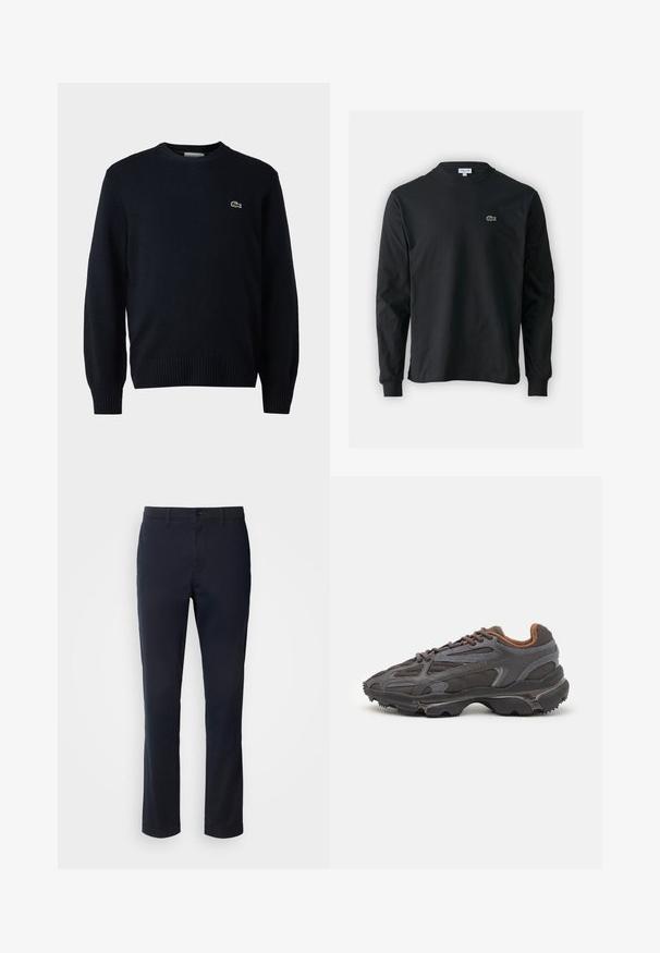 Sweater de gola redonda em azul-marinho, feito de material macio, com punhos e bainha canelados. Pequeno logotipo verde da Lacoste no peito.; Camisola preta de manga longa feita de algodão, com decote redondo e um pequeno logótipo de crocodilo bordado em verde no lado esquerdo do peito.; Calças azul marinho feitas de tecido suave, com um design de perna reta, passantes para cinto e fecho de botão com fecho de correr.; Ténis Lacoste em cinza-escuro com material em malha e sintético, apresentando uma sola texturizada e detalhes castanhos na gola e na marca.