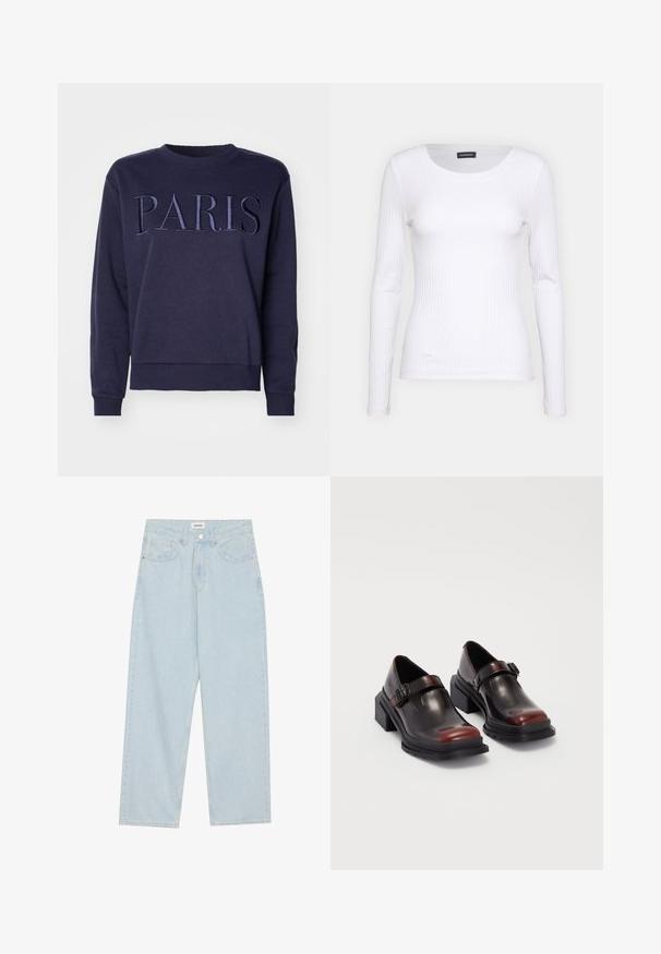 Ναυτικό μπλε φούτερ με στρογγυλή λαιμόκοψη, κεντημένη τη λέξη "PARIS" σε ταιριαστό χρώμα, ριγέ μανσέτες και στρίφωμα, μαλακή υφή υφάσματος.; Λευκή ριγέ μπλούζα μακρυμάνικη με στρογγυλή λαιμόκοψη. Κατασκευασμένη από ελαστικό ύφασμα που αγκαλιάζει το σώμα. Διαθέτει διακριτές οριζόντιες γραμμές.; Ανοιχτό μπλε, φαρδιά τζιν παντέλονια από ντένιμ, μεσαίας ψηλότητας μέση, πέντε τσέπες και κουμπί κλεισίματος με λεπτή μεταλλική λεπτομέρεια.; Δερμάτινα παπούτσια με τακούνι block σε γυαλιστερό σκούρο μπορντώ χρώμα, με λουράκι που κλείνει με αγκράφα και στρογγυλή μύτη. Υφή στην σόλα για καλύτερη πρόσφυση.
