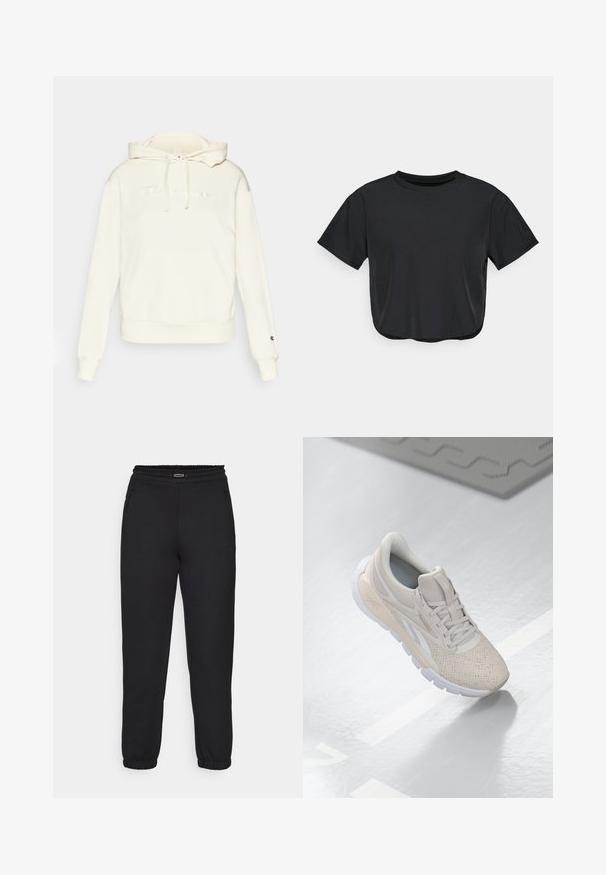 Crème-kleurige hoodie met een buidelzak aan de voorkant, voorzien van een gestikt logo en ribgebreide mouwen en onderrand. Zachte stoftextuur.; Zwarte cropped t-shirt van zacht materiaal, met een ronde halslijn, korte mouwen en een ontspannen pasvorm. Subtiele stikdetails.; Champion C-TECH CUFFED PANTS INTERLOCK - Trainingsbroek - black; Lichtbeige sportieve schoen met een geperforeerde bovenkant, textuurverwerking, gewatteerde kraag en een witte rubberen zool, ontworpen voor comfort en ademend vermogen.