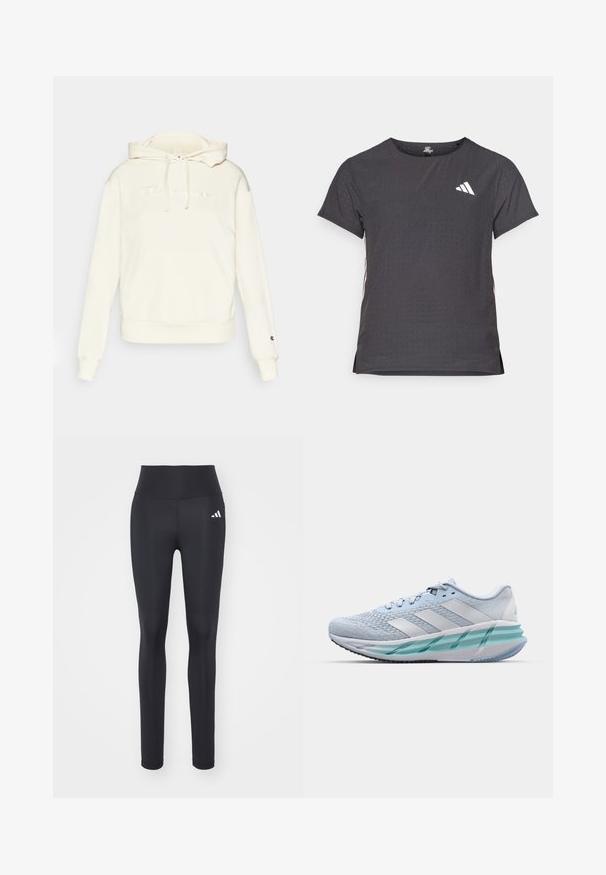 Felpa con cappuccio color crema, dotata di tasca frontale a marsupio, con logo ricamato e polsini e orlo a costine. Tessuto morbido.; T-shirt atletico a maniche corte, grigio scuro con texture perforata. Presenta un logo bianco e strisce laterali a contrasto. Girocollo.; Leggings sportivi neri realizzati in tessuto elastico, con vita alta e un logo bianco del marchio sull'anca sinistra.; Scarpe da ginnastica azzurro chiaro con tomaia in maglia testurizzata, accenti bianchi e suola intermedia verde trasparente. Punta rotonda e colletto imbottito.