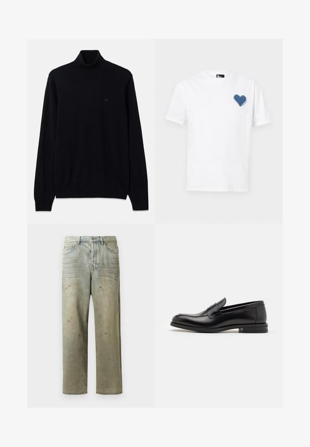 Black turtleneck sweater made of soft knit fabric, featuring long sleeves and ribbed cuffs and hem. Subtle logo detail in black on chest.; White cotton t-shirt featuring a blue denim heart appliqué on the left chest. Short sleeves and a classic crew neckline.; Distressed denim jeans in light green, featuring a straight leg, five-pocket design, and uneven fading with paint splatters.; Black leather loafers with a smooth texture, rounded toe, and a decorative strap across the vamp. Low stacked heel, minimalist design.