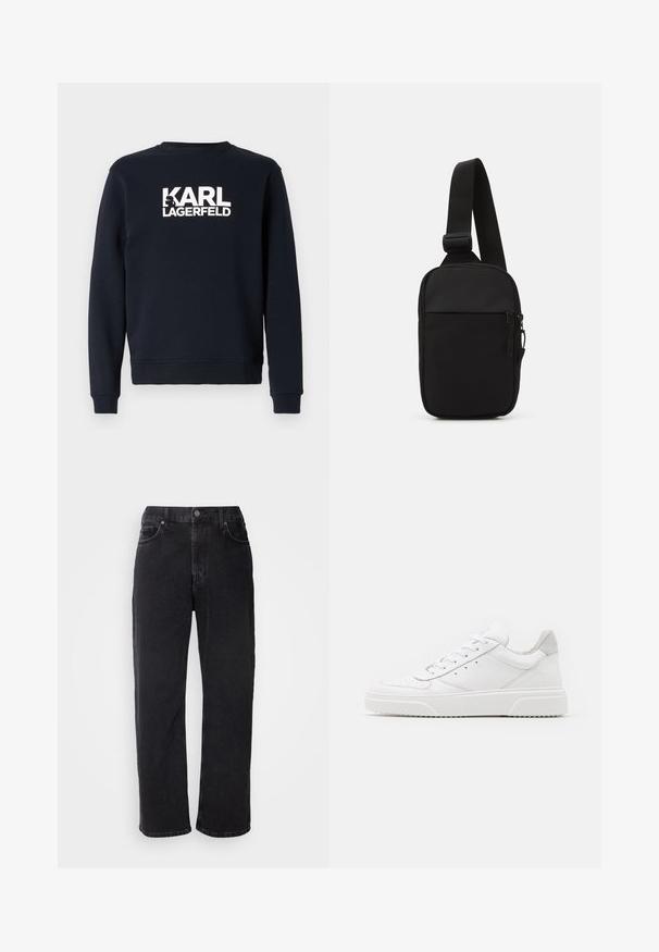 Felpa navy con maniche lunghe e scollatura a girocollo, caratterizzata da un logo bianco "KARL LAGERFELD" sul petto. Tessuto morbido.; Jeans in denim nero con taglio dritto, cinque tasche e cuciture a contrasto. Presentano una chiusura con bottone e passanti per cintura sulla vita.; Sneaker bianche in pelle con finitura liscia, punta arrotondata, lacci piatti e suola texturizzata. Accento in suede grigio sul tallone.; Borsa a tracolla nera realizzata in tessuto resistente, con una singola tracolla regolabile, un compartimento principale con zip e una tasca frontale.