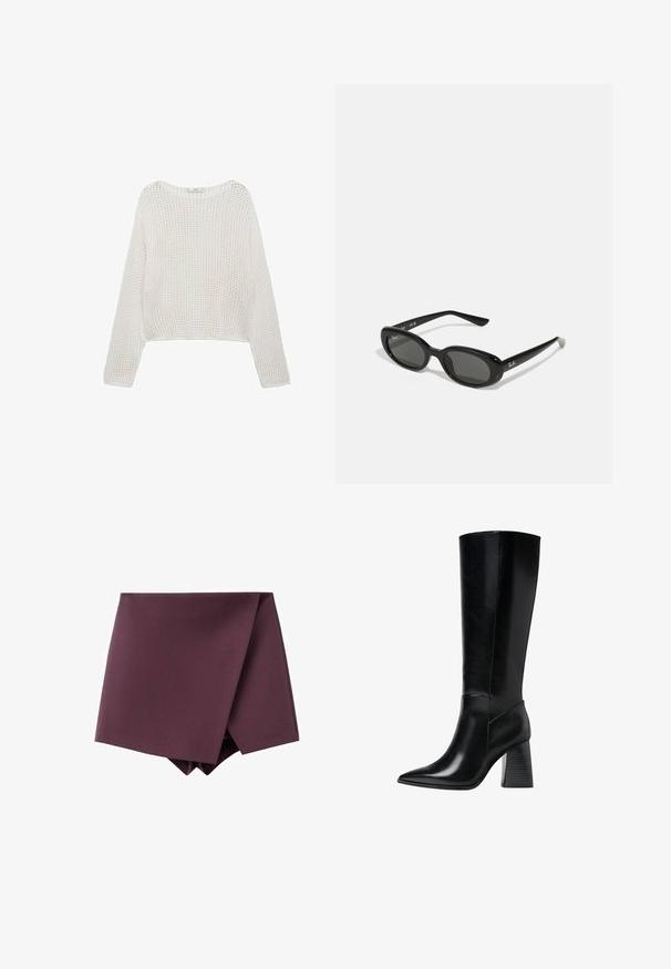 Bijela, dugačka pletena majica s dugim rukavima, labavog, teksturiranog uzorka i skraćenog kroja. Jednostavna izreza i rebrasti rub.; Tamno ljubičasta asimetrična mini suknja s dizajnom omote i glatkom teksturom tkanine.; Crne kožne čizme do koljena s šiljastim vrhom, glatkom teksturom i debelim rebrastim potplatom za stabilnost. Moderne linije s minimalnim naglascima.; Crne sunčane naočale s ovalnim lećama, sjajnim plastičnim okvirom i tankim krakovima. Značajka je Ray-Ban logo u bijeloj boji s strane.; Crna kožna torba s zlatnim hardverom, koja ima prepoznatljivu kopču, odvojivi remen za ramen, te teksturiranu površinu.