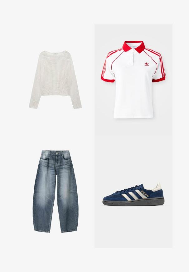 Pulover alb din tricot, cu mâneci lungi, având un model texturat lejer și o croială scurtă. Gât simplu și detalii cu margine striată.; Tricou polo alb cu guler roșu și accente roșii cu trei dungi pe umeri. Are un guler cu nasturi și un mic logo roșu pe piept.; Blugi evazați din denim albastru deschis cu estompare, având un design cu cinci buzunare, închidere cu nasturi și detalii de coasere minime.; Tenisi din suede bleumarin cu dungi albe, detaliu auriu "Spezial", talpă texturată gri, vârf rotund și șireturi asortate. Design clasic.