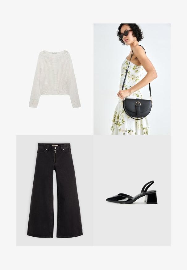Maglione bianco a maniche lunghe in maglia con un motivo textured morbido e un taglio cropped. Collo semplice e dettaglio a costine sull'orlo.; Jeans a gamba larga in denim nero con chiusura a zip, design a cinque tasche e dettagli di cucitura sottili. Texture morbida e stile casual.; Décolleté in vernice nera con punta affusolata e tacco in geometria cubica. Presentano un design elegante e minimalista, con una texture liscia.; Borsa a tracolla nera in pelle con una forma curva, manico rimovibile e accessori dorati. La borsa presenta una patta con un dettaglio a fibbia.