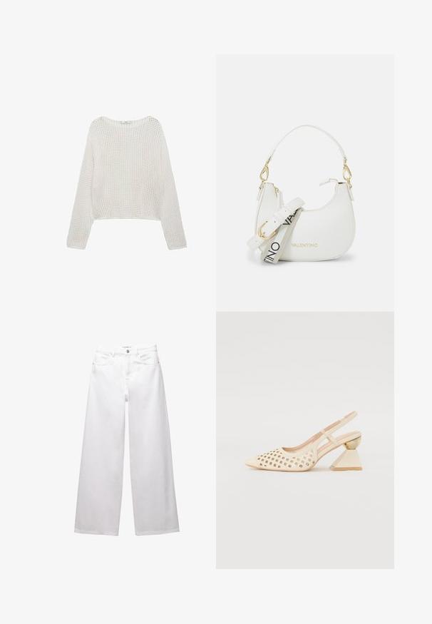 Witte, lange mouw gebreide trui met een losse, gestructureerde patroon en een cropped snit. Eenvoudige halslijn en ribbel detail aan de onderkant.; Witte wijde denim jeans. Voorzien van een knoopsluiting, voor- en achterzakken, en gestikte naden. Soepele textuur met minimale details.; Beige slingback schoen met geperforeerde bovenkant, puntige neus en een contrasterende driehoekige hak met een gouden accent. Over het algemeen een gladde textuur.; Witte handtas met een gebogen silhouet, textuurleer, gouden hardware en een afneembare schouderriem met een logo en gespdetail.