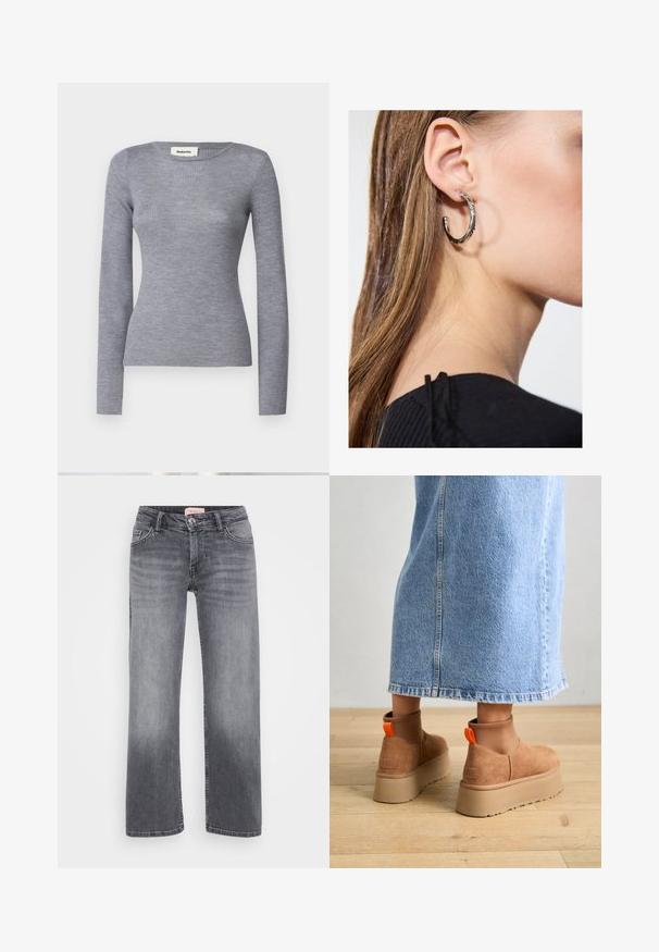 Szary prążkowany top z długim rękawem, okrągłym dekoltem i dopasowanym krojem. Materiał ma gładką teksturę i subtelny połysk.; Szare dżinsy o prostym kroju nogawki, z pięcioma kieszeniami, delikatnym wyblaknięciem i zapięciem na guzik w talii.; Brązowe zamszowe buty na platformie z elastycznymi bokami i pomarańczowymi uchwytami, w połączeniu z jasnoniebieską spódnicą do kolan na drewnianej podłodze.; Srebrny kolczyk w kształcie koła z polerowanym wykończeniem, z małymi złotymi akcentami, noszony na płatku ucha.