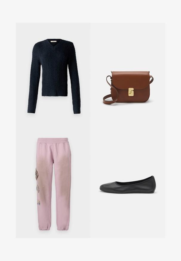 Ciemnoniebieski sweter dzianinowy z dekoltem w serek, długimi rękawami, teksturowanym wzorem ściągacza i lekko skróconym dołem.; Biała koszulka krótki rękaw wykonana z materiału prążkowanego. Okrągły dekolt, regularny krój i subtelne detale szwów. Bez wzorów ani grafik.; Różowe dresy z elastycznym pasem, zdobione dekoracyjnymi łatkami w kształcie diamentów po lewej stronie oraz elastycznymi mankietami na kostkach.; Czarne skórzane baletki z zaokrąglonym noskiem, gładką fakturą, minimalnymi przeszyciami i elastycznym designem podeszwy.; Brązowa skórzana torebka na ramię z klapką, złotymi detalami, paskiem na ramię i gładką teksturą. Kompaktowy prostokątny kształt.