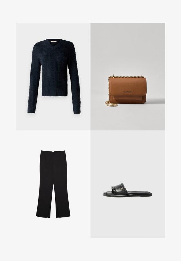 Donkerblauwe gebreide trui met V-hals, lange mouwen, een gestructureerd ribpatroon en een iets gekorte zoom.; Zwarte broek met een rechte pasvorm, voorzien van zijzakken en plooien aan de onderzijde. Gemaakt van zachte, gladde stof. Geschikt voor verschillende gelegenheden.; Zwarte leren sandaal met een geweven riemdetail, platte zool en een strak ontwerp. Gladde textuur en minimalistisch profiel.; Bruine lederen schoudertas met textuur, voorzien van een gouden kettingstrap en klepsluiting. De voorkant heeft een logo-detail en een zak onder de klep.