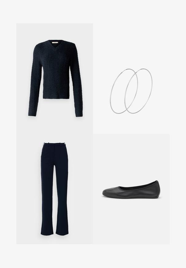 Tumedat sinise värvi kudum, millel on V-kaelus, pikad varrukad, tekstuuriga ribakujundus ja veidi lühem hemline.; Tumesinised püksid sirge jala kujundusega, valmistatud siledast kangast, varustatud vööluude ja ees oleva tõmblukuga.; Musthave mustika tantsutossud mustast nahast, ümmarguse varbaga, siledast tekstuurist, minimaalse õmblusdetailiga ja paindliku tallakujundusega.; Hõbedased rõngastikkaehingad minimalistlikus disainis. Ümar kuju, sile tekstuur ja õhuke profiil. Kerged ning poleeritud viimistlusega.