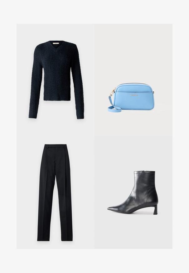 Dunkelblauer gestrickter Pullover mit V-Ausschnitt, langen Ärmeln, strukturiertem Rippmuster und leicht verkürztem Saum.; Schwarze Hosen aus glattem Stoff mit hoher Taille, weitem Bein, vorderen Falten und klassischen Gürtelschlaufen. Keine sichtbaren Seitentaschen.; Schwarze Lederstiefelette mit spitzer Zehe und schlankem Design. Verfügt über einen niedrigen Absatz und einen Reißverschluss hinten. Glatte Textur.; Hellblaues Leder-Crossbody-Bag mit goldfarbenen Beschlägen, Reißverschluss und einer Fronttasche. Verfügt über einen verstellbaren Riemen für zusätzlichen Komfort.