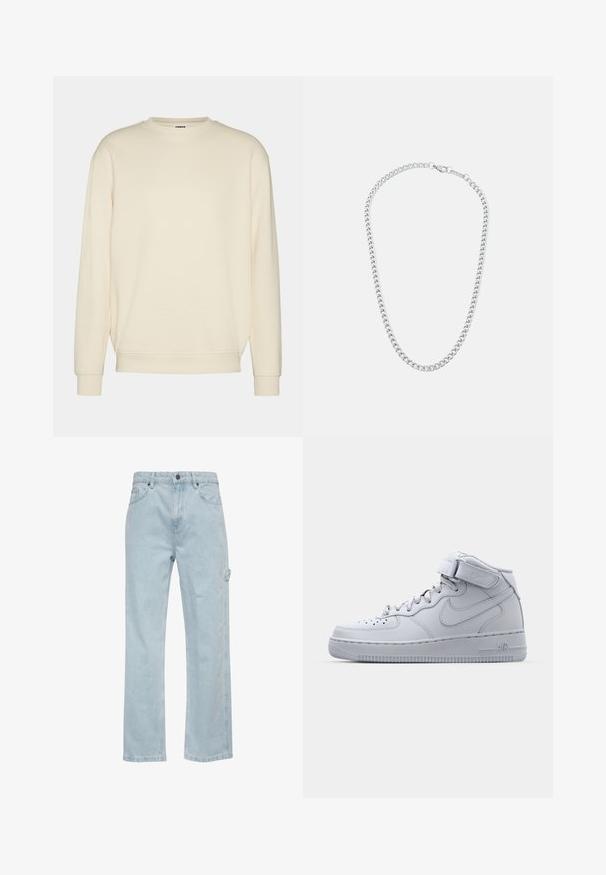 Cream-colored sweatshirt made of soft fabric, featuring a ribbed crew neck, dropped shoulders, and ribbed cuffs. Simple, unembellished design.; Light blue denim jeans with a straight-leg design, featuring front and back pockets and a side cargo pocket. Smooth texture, casual style.; High-top gray Nike Air Force 1 sneakers with leather upper, padded collar, and a Velcro strap. Iconic design features perforated toe box.; Silver metal chain necklace featuring interlocking links and a secure clasp, smooth texture, even finish, and a classic design.