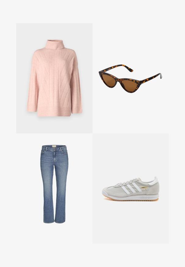 Jasnoróżowy sweter z golfem wykonany z miękkiej, teksturowanej tkaniny z pionowymi prążkami i szerokimi rękawami. Posiada prążkowany dół.; Niebieskie dżinsy straight-leg z zamkiem błyskawicznym i guzikiem z przodu, z pętlami na pasek oraz przednimi i tylnymi kieszeniami.; Jasnoszare sneakersy wykonane z zamszu i siateczki, z trzema białymi paskami, okrągłym noskiem i gumową podeszwą. Złoty akcent logo w pobliżu sznurowadeł.; Okulary przeciwsłoneczne w kształcie kocich oczu z czarno-pomarańczową oprawą w deseń żółwia, brązowymi soczewkami i eleganckimi, spiczastymi końcówkami. Posiadają minimalistyczne logo na zauszniku.; Srebrne kolczyki w kształcie obręczy z skręconym wzorem, z polerowanym wykończeniem i zapięciem na sztyft. Mają średnicę około 3 cm.