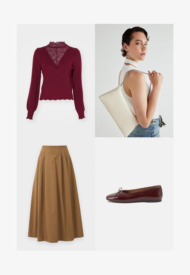 Bordový svetr s krajkovou vložkou a zvlněným lemem. Dlouhé rukávy s žebrovanými manžetami. Disponuje designem do V a texturovaným pletením.; Hnědá bavlněná sukně ve stylu A s vysokým pasem, se sklady na přední straně a hladkou texturou. Lemování je čisté a jednoduché.; Burgundské lakové baleríny s kulatou špičkou, malou mašlí vpředu a nízkou černou gumovou podrážkou. Hladký povrch.; Bílá obdélníková psaníčko vyrobené z lesklého materiálu, se stříbrným řetízkovým popruhem. Modelka pózuje a předvádí tašku na jednobarevném pozadí.