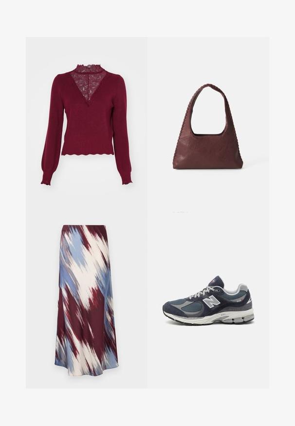 Bordeaux sweater met een kanten paneel en een golvende zoom. Lange mouwen met ribgebreide manchetten. Heeft een V-hals ontwerp en een gestructureerde brei.; Lange rok met een diagonaal tie-dye patroon in bordeauxrood, blauw en crème, gemaakt van zachte stof met een vloeiende silhouet en een lichte glans.; New Balance sneakers met een marineblauwe mesh en suede bovenkant, grijze accenten, wit logo, gevoerde zool en gestructureerde details.; Bordeaux leren handtas met een driehoekige vorm, open bovenkant en vlechtwerk langs de handgreep. Soepele textuur met een matte afwerking.