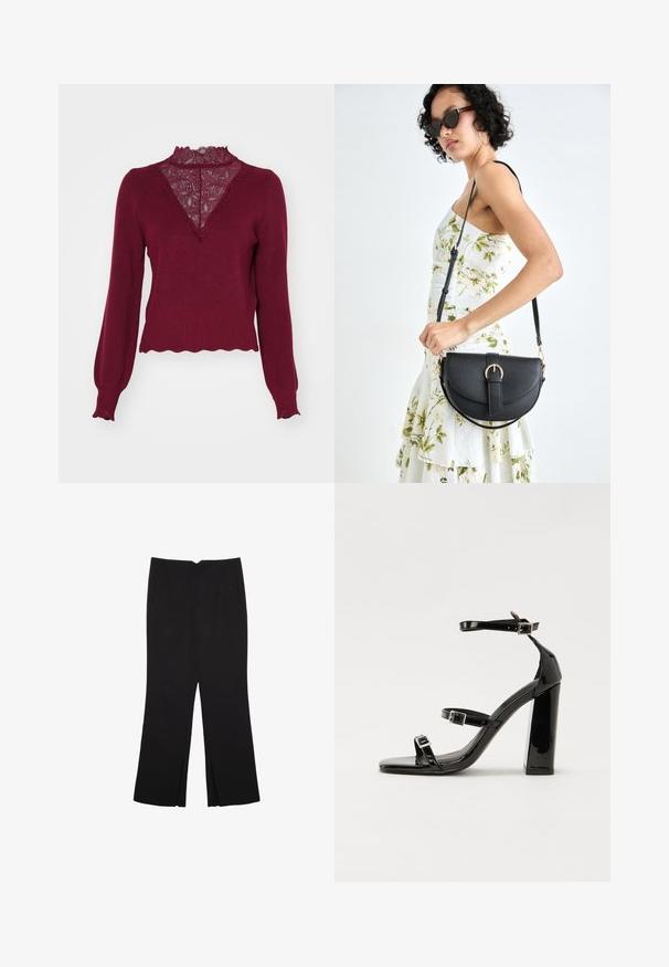 Bordeauxfarbener Pullover mit einem Spitzenpaneel und gewelltem Saum. Lange Ärmel mit Rippenbündchen. Verfügt über ein V-Ausschnitt-Design und strukturstrick.; Schwarze Hose mit geradem Schnitt, ausgestattet mit Fronttaschen und Seitenschlitzen am Saum. Hergestellt aus weichem, glattem Stoff. Geeignet für verschiedene Anlässe.; Schwarze patentierte Sandalen mit Absatz, quadratischer Spitze, Knöchelriemen und silbernen Schnallen. Mit einem stabilen Blockabsatz für mehr Stabilität.; Schwarze Lederhandtasche mit geschwungener Form, abnehmbarem Tragegurt und goldenen Beschlägen. Die Tasche verfügt über einen Deckel mit einer Schnallen-Details.