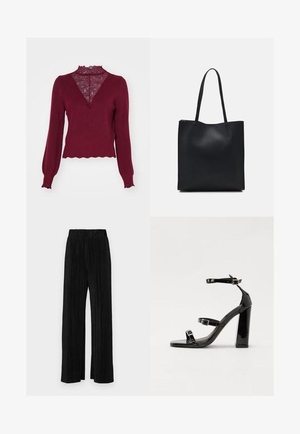 Bordeaux sweater met een kanten paneel en een golvende zoom. Lange mouwen met ribgebreide manchetten. Heeft een V-hals ontwerp en een gestructureerde brei.; Zwarte geplooide broek met een elastische tailleband. Beschikt over wijde pijpen en een glad, gestructureerd stof met verticale strepen.; Zwarte gepatenteerde sandalen met hak en een vierkante neus, enkelbandjes en zilveren gespen. Heeft een stevige blokhak voor stabiliteit.; Zwarte leren handtas met een gladde textuur, rechthoekige vorm en twee lange handvaten. Geen zichtbare hardware of versieringen.