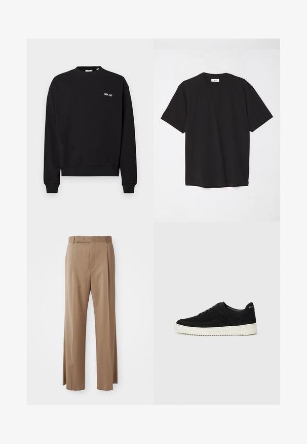 Schwarzes Sweatshirt aus Baumwolle, mit Rundhalsausschnitt und langen Ärmeln. Es verfügt über ein kleines weißes Logo auf der linken Brustseite.; Schwarzes Baumwoll-T-Shirt mit Rundhalsausschnitt, kurzen Ärmeln und lockerer Passform. Einfaches Design, glatte Textur und keine sichtbaren Muster oder Logos.; Hellbraune, maßgeschneiderte Hosen mit geraden Beinen, Gürtelschlaufen, vorderem Naht und verdecktem Verschluss, flach auf weißem Hintergrund dargestellt.; Schwarze Wildleder-Sneaker mit Schnürdesign und kontrastierender weißer Gummisohle. Verfügt über strukturierte Seitenpaneele und dezentes Branding an der Ferse.