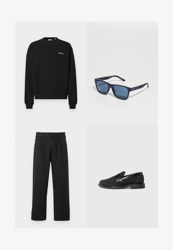 Melna kokvilnas džemperis ar apaļu kakla izgriezumu un garām piedurknēm. Tas ir aprīkots ar mazu baltu logotipu kreisajā krūtīs.; Melnas kokvilnas bikses ar taisnu griezumu, ar piegrieztiem pleciem, jostu cilpiņām un pogu aizdari. Gluda struktūra bez rakstiem.; Melnas austas slaidu kurpes ar gludu ādas akcentu augšpusē, apaļas formas purngalu un zemas profila gumijas zoli.; Zilie taisnstūra saulesbrilles ar tumšiem stikliem, matēta jūras zila ietvaros, logo detaļa uz tempļa, taisnas rokas un cieta, gluda virsma.