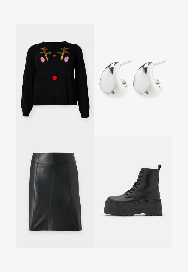 Svart tröja med renmotiv med paljetter på horn, en röd pom-pom näsa och rosa öronaccenter. Mjuk textur, långa ärmar.; Svart läderkjol med en figursydd design. Slät textur, sömmar som markerar formen, och en rak fåll. Minimalistisk och elegant look.; Svarta ankelstövlar med en kraftig platåsål, tillverkade av slätt läder, med snörningsdesign och en dragbaksrem bak.; Silverfärgade stickörhängen med en slät, böjd design. De har en polerad yta och en baksida med nål för säker användning.