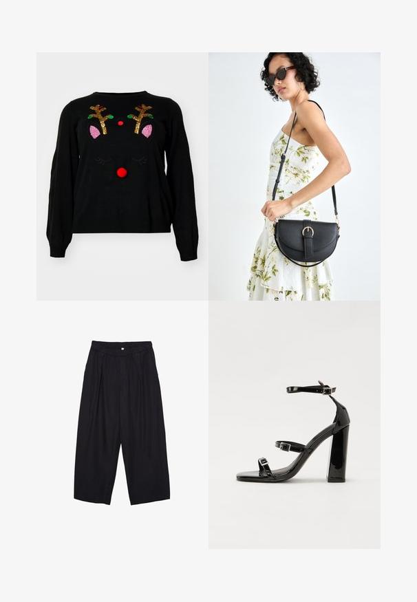 Mustapaita, jossa on porojen kuviointi, joka sisältää strassipäiset sarvet, punaisen pom-pom nenän ja vaaleanpunaiset korvaakkenteet. Pehmeä rakenne, pitkät hihat.; Musta polyesterinen culotte-housut, jossa on joustava vyötärö, kaksi etupleettiä ja löysä siluetti. Ei näkyviä kuvioita tai metallisia yksityiskohtia.; Musta kiiltävä korkokenkä sandaalit neliönmuotoisella varpaalla, nilkkaremmillä ja hopeisilla soljilla. Varustettu tukevalla lohkokorkealla vakauden takaamiseksi.; Musta nahkainen käsilaukku, joka on kaareva muotoilultaan, irrotettavalla hihnalla ja kultaisilla yksityiskohdilla. Laukussa on läppä, jossa on solk yksityiskohta.