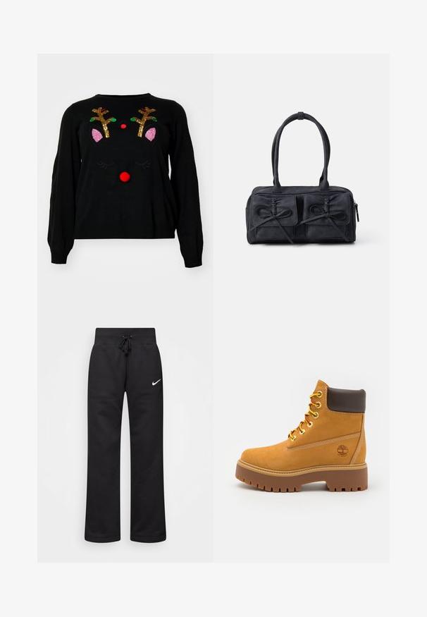 Mustapaita, jossa on porojen kuviointi, joka sisältää strassipäiset sarvet, punaisen pom-pom nenän ja vaaleanpunaiset korvaakkenteet. Pehmeä rakenne, pitkät hihat.; Mustat collegehousut, jotka on valmistettu puuvillasekoitteesta, joten niissä on kiristettävä vyötärö, suoralahkeisuus ja vasemmalla puolella valkoinen Nike-logo.; Tan waterproof ankle boot with a sturdy rubber sole, round toe, brown leather collar, yellow laces, and a logo on the side.; Musta kangaskassi, jossa on kaksi etupocketsia, joissa on nauhat yksityiskohtina, kaksinkertaiset kahvat ja vetoketjukiinnitys. Pehmeä rakenne ja suorakulmainen muoto.