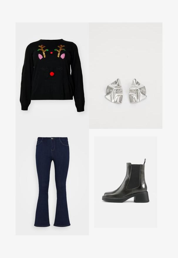 Fekete pulóver rénszarvas mintával, flitteres agancsokkal, piros pom-pon orral és rózsaszín fülekkel. Puha textúra, hosszú ujjak.; Sötétkék, magas derékú farmernadrág, hozzáillesztett combrésszel és enyhe harangfazonú alsó résszel, elülső zsebekkel és gombos záródással.; Fekete bőr bokacsizmák sima felülettel, rugalmas oldalsó panelekkel és vastag sarkakkal. Jellemzőjük egy húzófül, amely megkönnyíti a felvételt.; Ezüst fém fülbevalók hullámos, szobrászati kialakítással, fényes felülettel és szabálytalan formákkal, amelyek a kortárs esztétikát hangsúlyozzák.