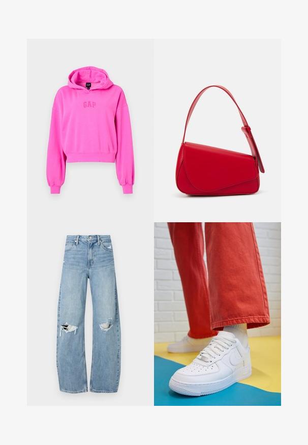 GAP LOGO CROPPED - Športni pulover - standout pink; Svijetloplave traperice visoki struk. Imaju široke nogavice, dva poderana područja na koljenima i klasičan petotoksi stil.; Beli usnjeni športni čevlji s perforiranim prstnim delom, teksturiranim podplatom in belimi vezalkami, v kombinaciji s širokimi rdečimi hlačami in modro-rumeno ozadje.; Rdeča usnjena torba z angularnim, geometrijskim dizajnom. Ima en samostoječ nastavljiv ročaj in pokrov, zaprt z zapiranjem, ki je okrašen s šivi.