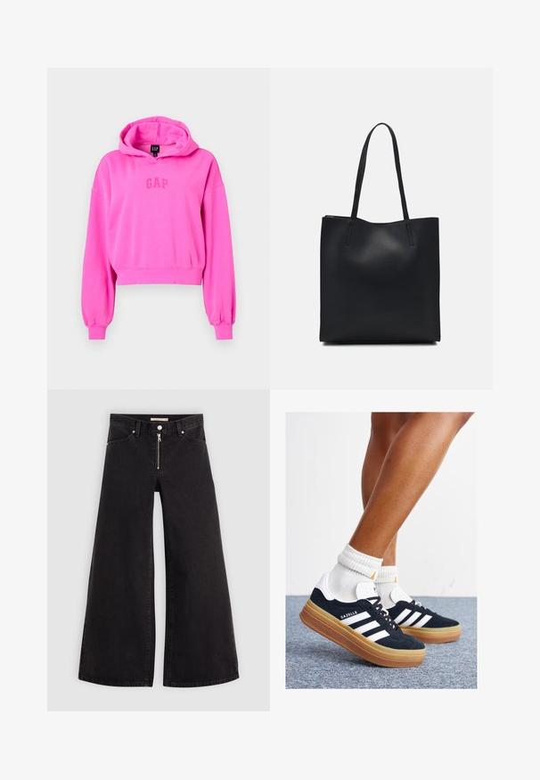 GAP LOGO CROPPED - Bluză de molton - standout pink; Jeans cu picioare largi din denim negru, cu fermoar în față, design cu cinci buzunare și detalii subtile de cusătură. Textură netedă și stil casual.; Adidași negri din piele întoarsă cu dungi și accente albe, vârf rotund, talpă de cauciuc gumă, asortați cu șosete albe cu model nervurat.; Geantă tote neagră din piele, cu textură netedă, formă rectangulară și două mânere lungi. Fără hardware vizibil sau ornamente.