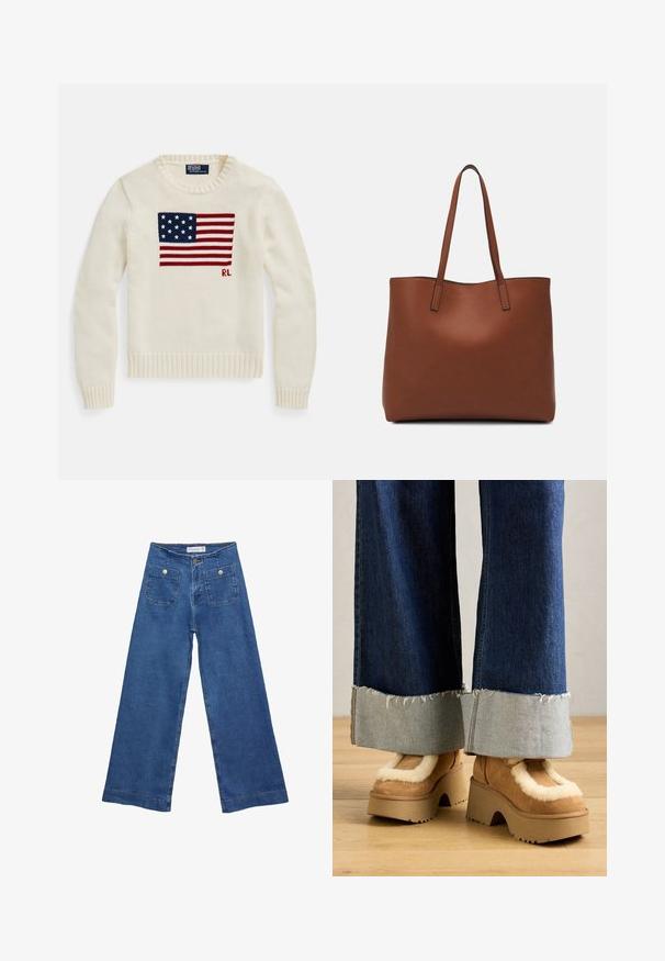 Krémový pletený svetr s velkým motivem americké vlajky a iniciály "RL" pletené na přední straně, s kulatým výstřihem a žebrovanými manžetami a lemem.; Džínové kalhoty širokého střihu s středně modrým omakem, dvěma předními kapsami se zapínáním na knoflíky a prošíváním podél lemů.; Hnědé semišové platformové boty s krémovým kožešinovým podšívkou, spárované s volnými džínovými kalhotami se třepenými lemy a světlým džínovým manžetou.; Hnědá kožená taška přes rameno s hladkou texturou, otevřeným designem a dvěma ramenními popruhy. Obsahuje minimální švy a žádné viditelné kovové prvky.