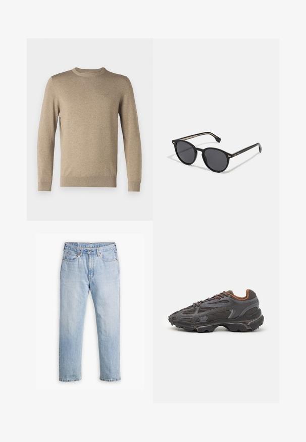Light brown crew neck sweater made of knit fabric. Ribbed cuffs and hem with a small emblem on the left chest. Smooth texture.; Light blue denim jeans with a straight leg design, five-pocket style, and contrasting stitching. Button and zipper closure at the waist.; Lacoste sneakers in dark gray with mesh and synthetic material, featuring a textured sole and brown accents on the collar and branding.; BOSS Sunglasses - black