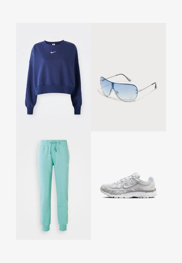 Navy zilgs īsais džemperis, izgatavots no mīkstas auduma, ar apaļu kaklu, garām piedurknēm un balto Nike logo uz krūtīm.; Mētru zaļi sporta bikses ar elastīgu jostu, auklu un ribotām piedurknēm. Uz kreisā augšstilba ir neliels balts Nike logo.; Gai pelēki sporta apavi ar sietiņa un sintētisku augšdaļu, ar auklām, mīkstu apkakli un strukturētu zoli saķerei.; Pilotstila saulesbrilles ar gradienta zilām lēcām, sudraba metāla rāmjiem un dekoratīvām zvaigžņu akcentiem uz lēcām. Gluda un eleganta dizaina.