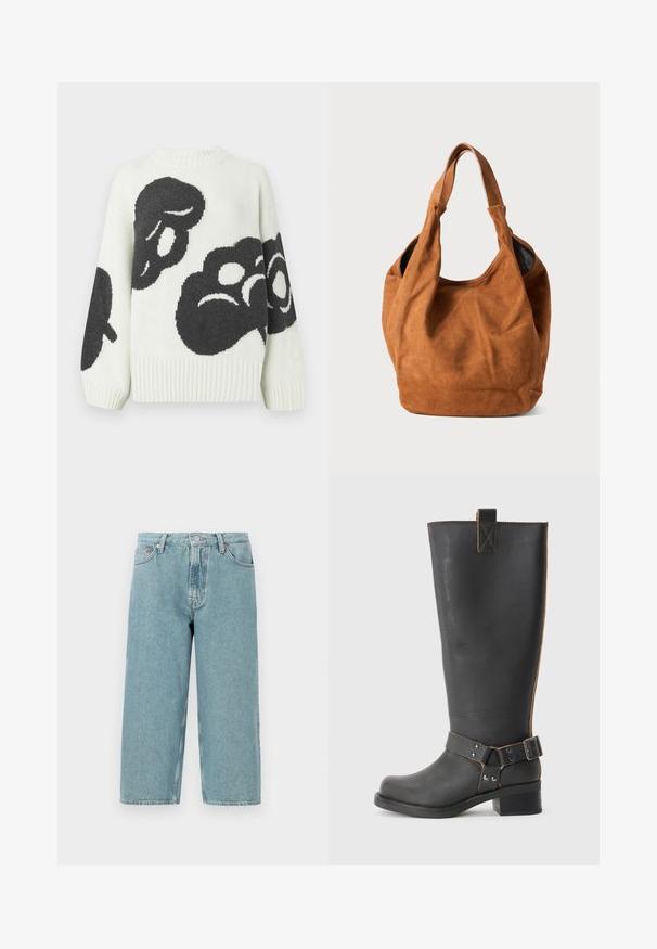 Pleteni pulover v krem barvi z velikimi črnimi abstraktnimi vzorci. Ima rebrast okrogel izrez in široke rokave za sproščen videz.; Svijetloplavi traper šortsevi s visokim strukom, ravnog kroja i neuređenim rubovima. Imaju klasično zatvaranje na dugme i patentni zatvarač, te četiri džepa.; Črne usnjene škornje do kolen z teksturirano obdelavo, ki imajo stranski sponko in nizko peto. Podrobno šivanje po šivih.; Rjava semiš torba za ramo z mehkobo, ukrivljeno obliko in dvema ročajema. Ima minimalen dizajn brez vidnih kovinskih delov ali okrasnih elementov.