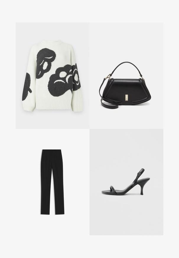 Neulottu villapaita kermanvärisenä, jossa suuret mustat abstraktit kuviot. Varustettu resoroidulla pyöreällä kauluksella ja leveillä hihoilla, jotka takaavat rentoutuneen istuvuuden.; Mustat räätälöidyt housut suoran lahkeen designilla, joissa on etutaskut ja sileä, teksturoitu kangas. Siistit, minimalistiset yksityiskohdat.; Mustat nahkaiset korkokengät, joissa on hoikka, kaareva korko ja ristiin menevä hihnadesign. Säädettävä nilkkahihna. Silkkinen pinta.; Mustalla nahkalaukulla, jossa on jämäkkä muotoilu, lyhyt malli, yläkahva ja kultaiset yksityiskohdat. Säädettävä olkahihna sisältyy.