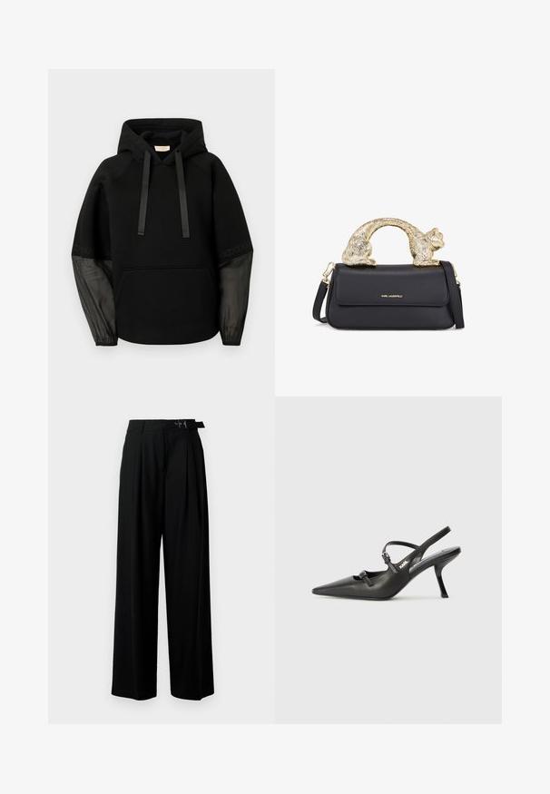 Černá mikina s kapucí s přední kapsou, vybavená stahovacími pásky z lesklé stuhy a průsvitnými vzorovanými rukávy. Měkká tkanina s volným střihem.; Černé volánkové šaty vyrobené z texturované tkaniny, s mnoha vrstvami a nařaseným výstřihem, vytvářející objemný siluetu.; Černé široké kalhoty s vysokým pasem, záhyby vpředu a páskem s přezkou. Vyrobené z hladké, lehké tkaniny.; Černé kožené lodičky na boku s špičatou špičkou, štíhlým podpatkem a dekorativní přezkou na nártu. Hladká textura a elegantní design.; Černá kožená kabelka se zlatým držadlem ve tvaru kočky, s předním klopovým uzávěrem, nastavitelným popruhem a detailem loga na dolní přední straně.