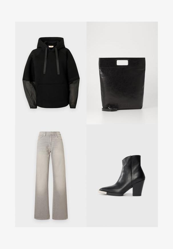 Svart hoodie med en framficka, med sidenband som dragsnören och genomskinliga, mönstrade ärmar. Mjuk tyg med en avslappnad passform.; Grå vidbenade jeans med en blekt finish, knappstängning, femficksdesign och sömnad detaljer längs sömmarna.; Svart läder ankelsko med spetsig tå, hög blockklack och detaljer i silver på tån. Slät textur och enkel design.; Svart läder tote-väska med ett fyrkantigt handtag, med en texturerad yta och präglad logotyp. Inkluderar en avtagbar rem.