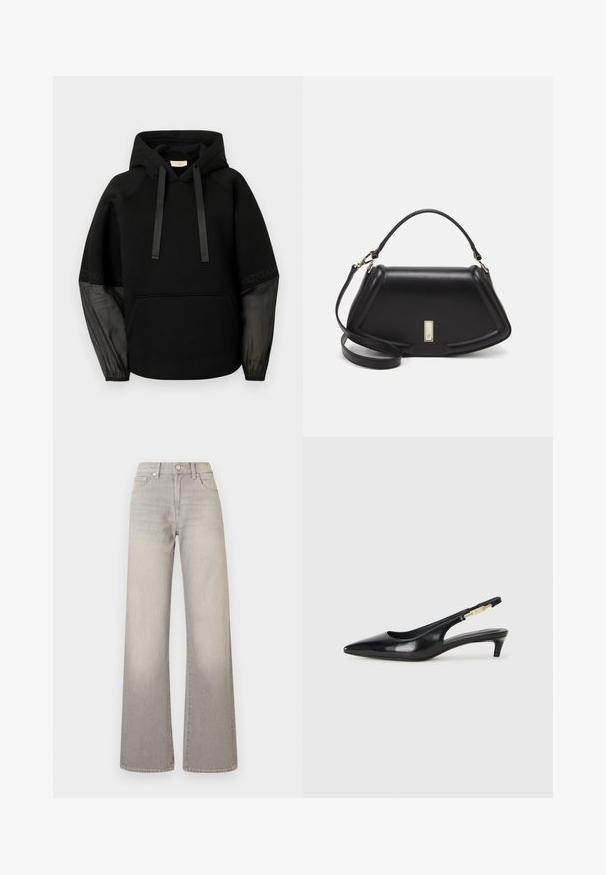Sudadera con capucha negra con bolsillo delantero, con cordones de satén y mangas transparentes con estampado. Tejido suave y ajuste relajado.; Jeans de pierna ancha grises con un acabado desgastado, cierre de botón, diseño de cinco bolsillos y costuras decorativas a lo largo de las costuras.; Tacones negros de piel sintética tipo slingback con punta afilada, que cuentan con un tacón delgado y un detalle en tono dorado en la correa ajustable. Textura suave.; Bolso de mano de cuero negro con un diseño estructurado, que presenta una forma recortada, asa superior y acentos en dorado. Correa de hombro ajustable incluida.
