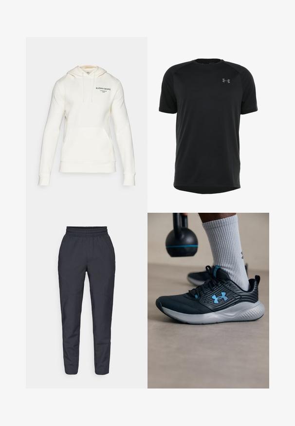 Felpa crema realizzata in morbido tessuto, con tasca a kangaroo frontale, cappuccio con stringhe e logo testuale verde sul petto.; Maglietta atletica nera a maniche corte realizzata in tessuto morbido e leggero. Presenta un collo rotondo e un logo discreto sul petto.; Pantaloni tapered blu realizzati in tessuto morbido, con elastico in vita, tasche laterali e una texture liscia con dettagli di cucitura discreti.; Scarpone sportivo nero con accenti blu, tomaia testurizzata e suola grigia. Indossato con calzini grigi a costine, accanto a un kettlebell nero.