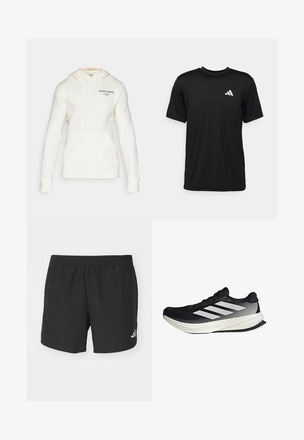 Krémová mikina s kapucňou vyrobená z mäkkej tkaniny, s predným klokankovým vreckom, kapucňou na šnúrku a zeleným logom na hrudi.; Čierne tričko s krátkymi rukávmi vyrobené z ľahkej, vlhkosť odvádzajúcej tkaniny. Obsahuje biele logo v oblasti hornej ľavej časti hrudníka.; Čierne atletické šortky s elastickým pásom, bočnými rozparkami a reflexnými logovými akcentmi. Vyrobené z ľahkej, hladkej tkaniny.; Čierna atletická topánka s dizajnom z mriežky, s bielymi prúžkami, zaoblenou špičkou a textúrovanou podrážkou pre lepšiu priľnavosť a podporu.