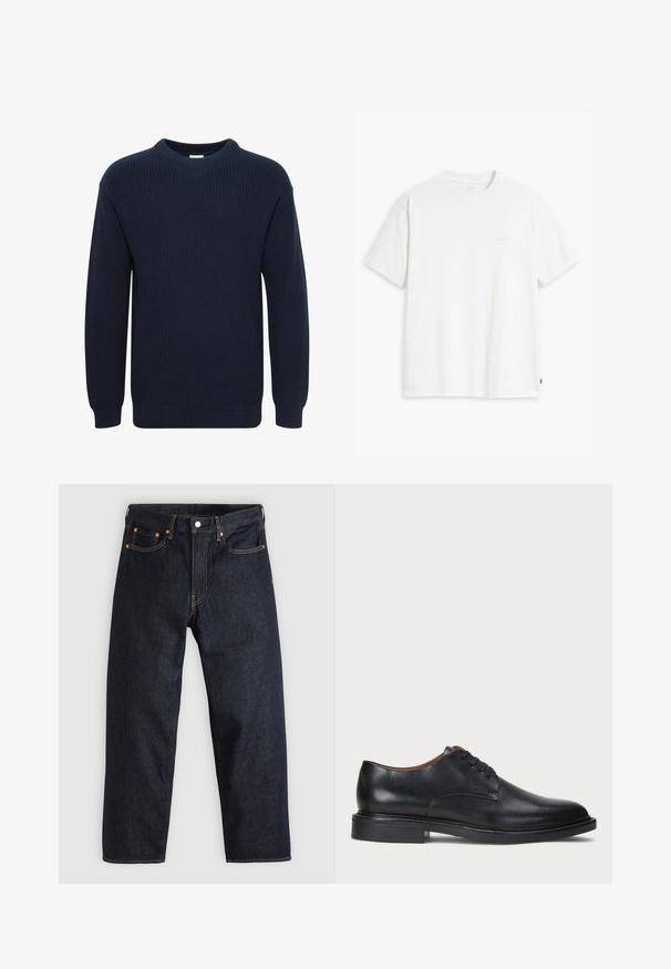 Navy blue knitted sweater with a crew neck, long sleeves, and ribbed texture, featuring a straight hemline and no visible logos or patterns.; White cotton t-shirt with short sleeves, crew neck, and subtle Levi's logo printed in the center. Soft texture and standard fit.; Dark blue denim jeans with a straight cut, five pockets, contrasting orange stitching, and a button fly. No visible patterns or embellishments.; Black leather dress shoe with a round toe, lace-up design, and a low stacked heel. Smooth texture with minimal stitching details.