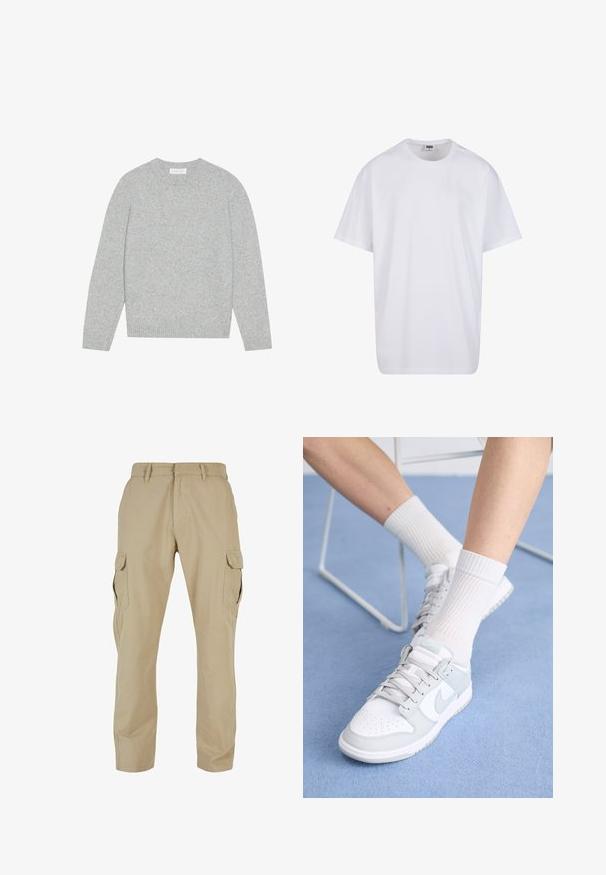 Light grey wool sweater with a round neck, long sleeves, and ribbed cuffs and hem. Soft texture with a solid, minimal design.; White cotton t-shirt with short sleeves, rounded neckline, relaxed fit, and no visible logos or patterns. Smooth texture and minimal design.; Beige cargo pants made of cotton twill, featuring multiple side pockets, straight leg design, and a zipper fly with belt loops.; White sneakers with light blue accents, leather upper, perforated toe, thick laces, and ribbed white socks against blue background.