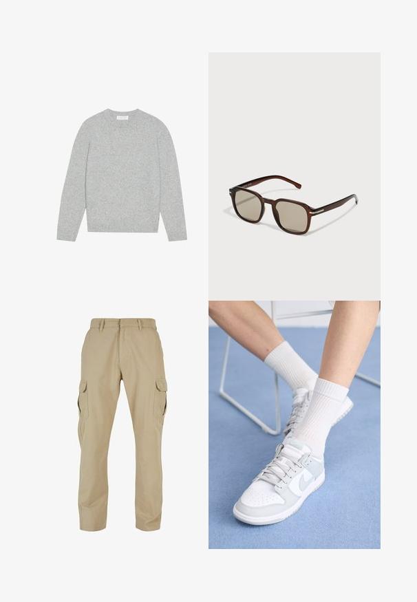 Pull en laine gris clair avec un col rond, des manches longues et des poignets et ourlet côtelés. Texture douce avec un design solide et minimal.; Pantalons cargo beiges en toile de coton, dotés de plusieurs poches latérales, d'un design à jambes droites et d'une fermeture éclair avec passants de ceinture.; Baskets blanches avec des accents bleu clair, tige en cuir, bout perforé, lacets épais et chaussettes blanches côtelées sur fond bleu.; Lunettes de soleil rectangulaires marron avec des verres teintés, monture en plastique et accents métalliques sur les côtés. Présente un design épuré et une texture lisse.